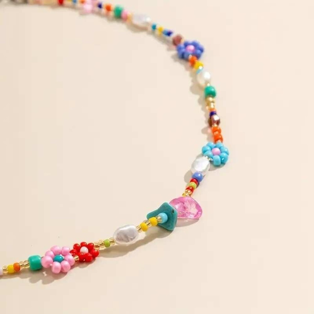 Beaded Necklace Colorful Flower Pearl Accent Trendy‎ Funkycore Y2K - Picture 2 of 3